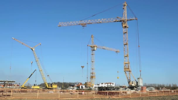 Cuatro grúas de construcción trabajando en el sitio — Vídeos de Stock