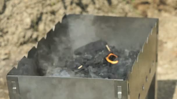 Hand met een brandende lucifer ontbrandt de houtskool — Stockvideo