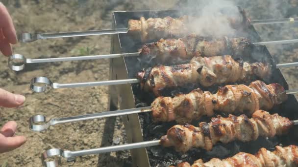 Mięso przygotowuje na metalowe szaszłyki na węgle, na zewnątrz — Wideo stockowe