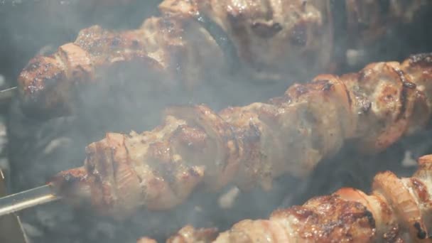 Cocinar deliciosos kebabs en brochetas de metal sobre carbones — Vídeo de stock