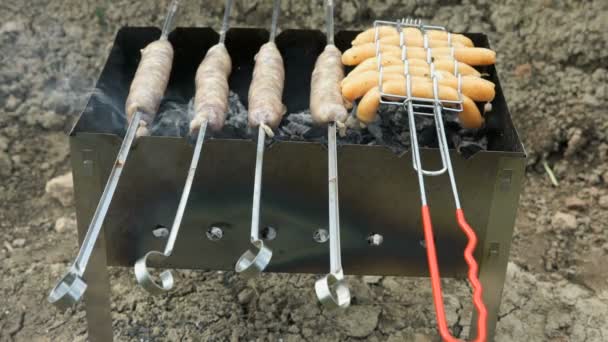 Salsiccia di carne per barbecue per friggere alla griglia — Video Stock