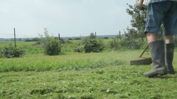 Trädgårdsmästare klipper gräset med en gräsklippare utomhus — Stockvideo