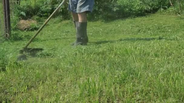 Homme taille herbe dans le jardin en utilisant tondeuse à gazon — Video