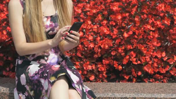 Chica sosteniendo un teléfono inteligente en el parque al aire libre — Vídeos de Stock