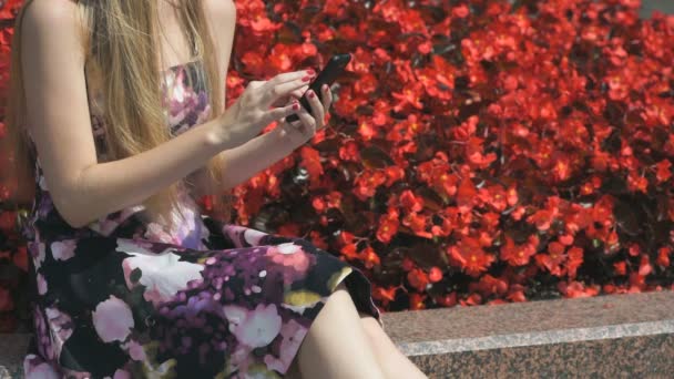 Chica joven con un teléfono celular al aire libre — Vídeos de Stock