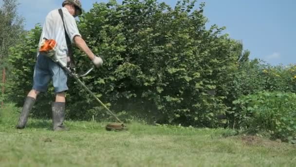 Jardinero corta la hierba con una cortadora de césped al aire libre — Vídeos de Stock