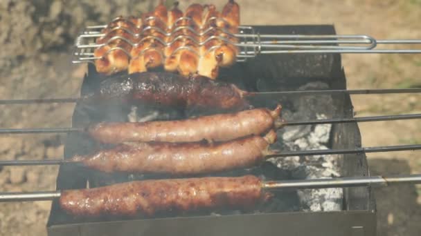 Cocina de barbacoa sobre brasas calientes en la parrilla — Vídeo de stock