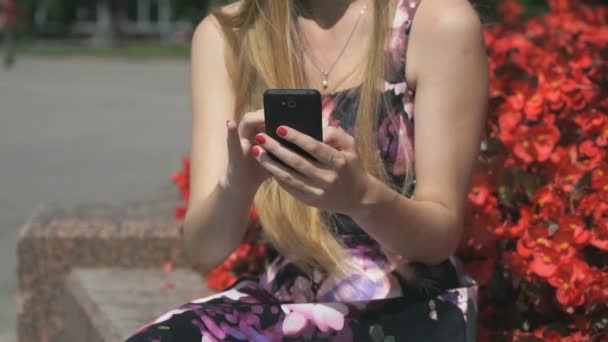 Girl holding a smartphone in the park outdoors — Stock Video