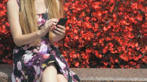 Jeune fille avec smartphone en plein air — Video