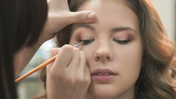 Maquillaje profesional para el modelo de pelo marrón — Vídeos de Stock