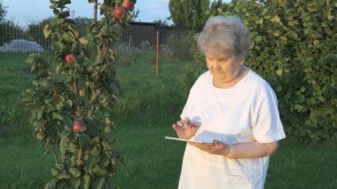 Yaşlı kadın bir dijital tablet açık havada tutan 80s