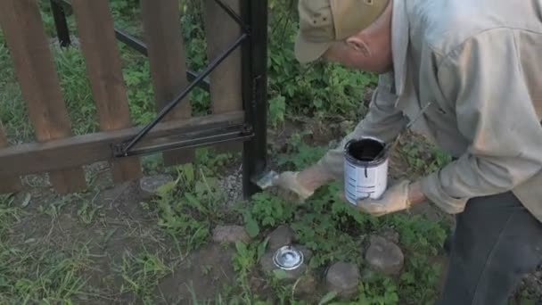 Jardinero pintando la cerca de hierro usando pintura negra — Vídeos de Stock