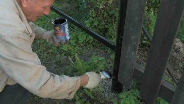 Adult man paints the iron fence using black paint — Stock Video