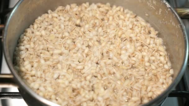 The pan on the cooking plate. Barley porridge cooked in the pan. The water in the saucepan is boiling and bubbling. — Stock Video