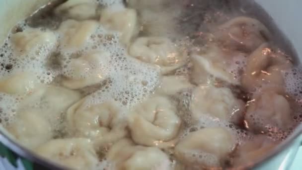 O ravioli caseiro cozinha-se em uma panela com a água fervente — Vídeo de Stock