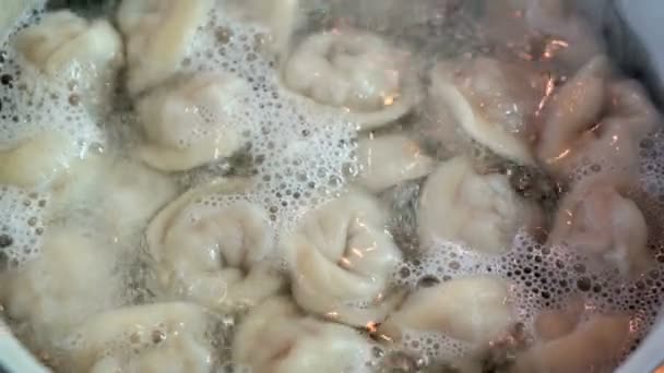 O ravioli caseiro cozinha-se em uma panela com a água fervente — Vídeo de Stock