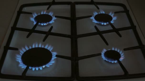 Four gas burners burn blue flame on a gas stove — Stock Video