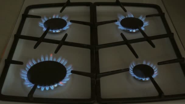 Four gas burners burn blue flame on a gas stove — Stock Video