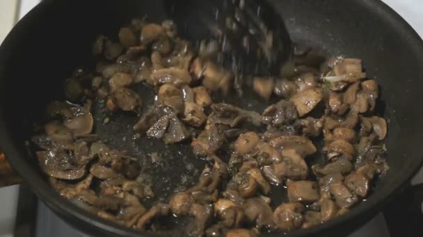 A mistura de cogumelos frita-se em uma panela preta — Vídeo de Stock