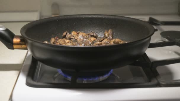 Смесь грибов поджаривается на черной сковороде. — стоковое видео
