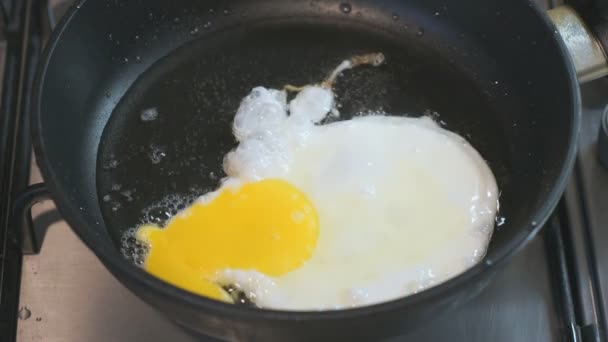 Frying eggs in a skillet. Skillet stands on the hob. Closeup — Stock Video