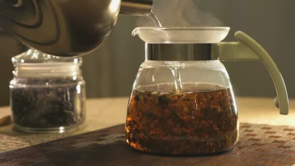 Elaboración de té kipany en una tetera de vidrio — Vídeo de stock