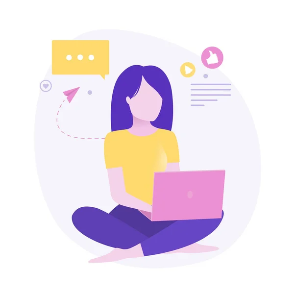 Ilustración Chica Trabajando Ordenador Portátil Rosa — Vector de stock