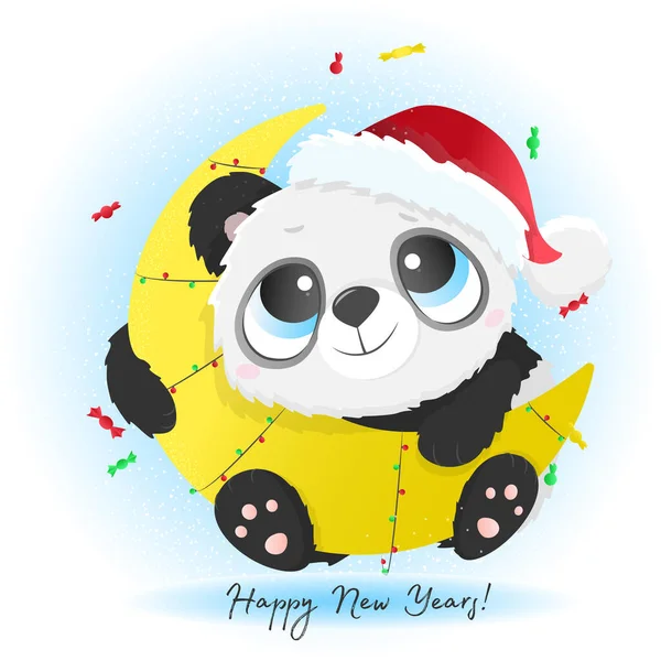 Νέο Έτος Κάρτα Εικονογράφηση Panda Χαριτωμένο Φεγγάρι — Διανυσματικό Αρχείο