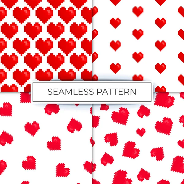 Set Seamless Pattern Heart Pixel Red Retro Background Print — Stock Vector