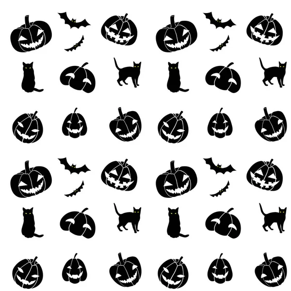 Muster Nahtlose Helloween Schwarze Und Weiße Katze Kürbisfledermaus — Stockvektor