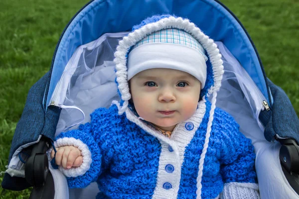 Portrait of cute baby sitting in stroller. Age of the baby is 6 months. Stock Image