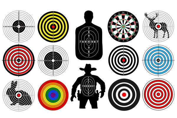 Big set of targets isolated animals people cowboy man. Targets for shooting. Darts board. vector