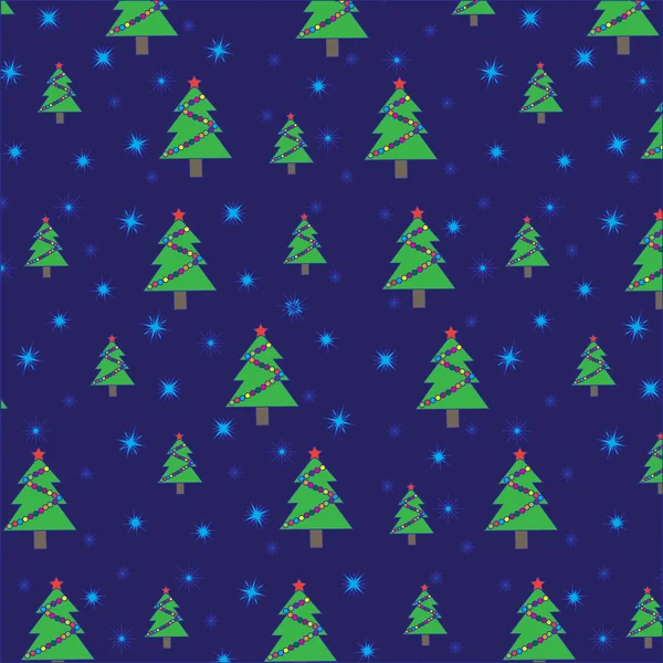 Christmas tree with garland and snowflakes on dark blue background. Seamless pattern — Stock Vector