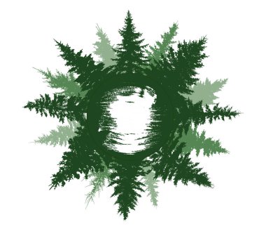 Daire üstüne yaz ormanı, güzel yeşil çam ağaçları. Ormanın siluetleri. Çemberin içinde isim için fırça darbesi var. Vektör illüstrasyonu