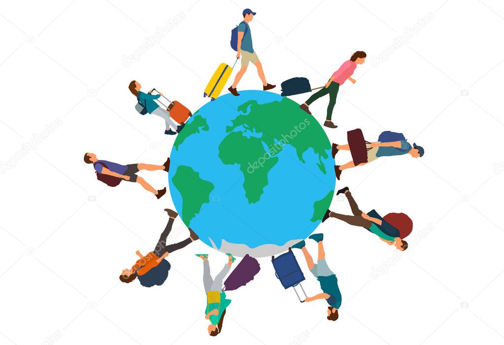 People (tourists) with suitcases, bags and things walking on planet Earth. Group of people going on circle. Vector illustration