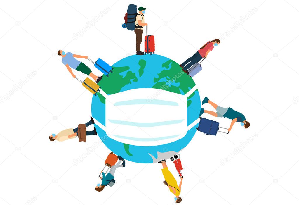 Tourists in medical masks with suitcases (luggages) standing and waiting time of travel. Coronavirus pandemic in world. Planet Earth in medical mask. Vector illustration