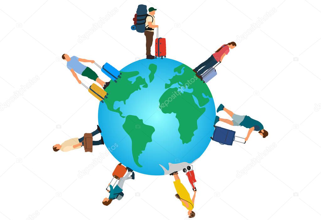 Tourists with suitcases (luggages) standing and waiting time of travel. World after coronavirus pandemic. Vector illustration