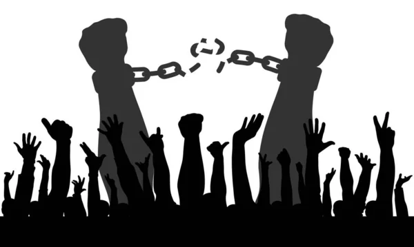 Cheerful Hands People Crowd Background Male Hands Breaking Chains Handcuffs — Stock Vector