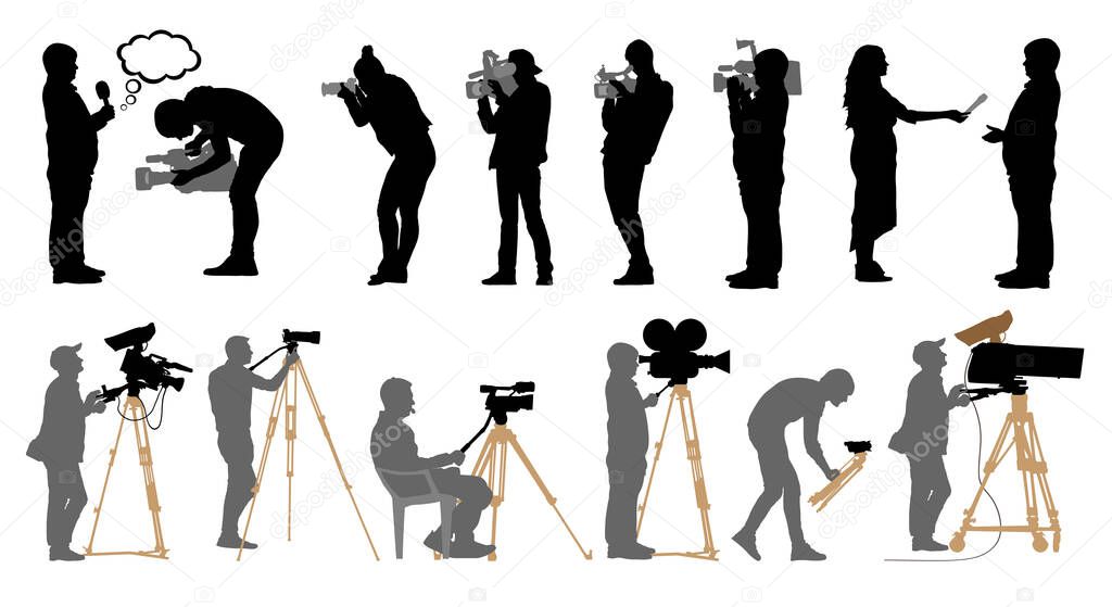 Set of professional people with video cameras and photo cameras. Silhouettes are separated. Vector illustration.