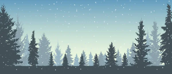 Winterwald Und Schneefall Silhouetten Schöne Verschneite Weihnachtsbäume Vektorillustration — Stockvektor