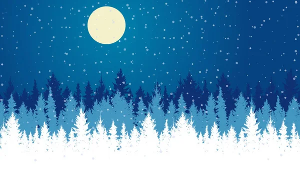 Silhouette Winterwald Bei Nacht Schöne Landschaft Tannen Schneefall Vektorillustration — Stockvektor