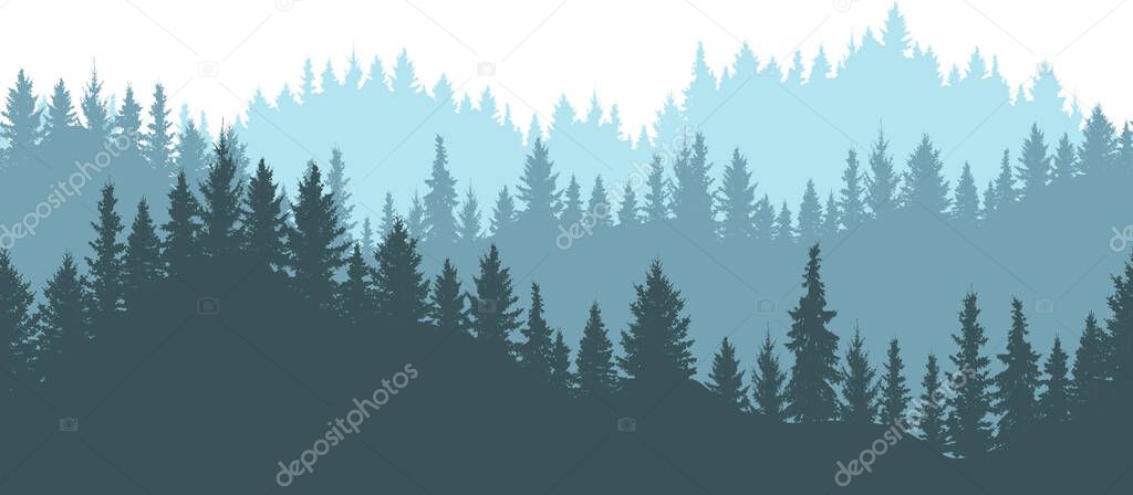 Seamless forest on mountains, silhouette. Beautiful landscape, fir trees. Vector illustration