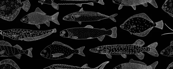 Безшовний Візерунок Шкільної Риби Намальований Вручну Білий Контур Морської Річкової — стоковий вектор