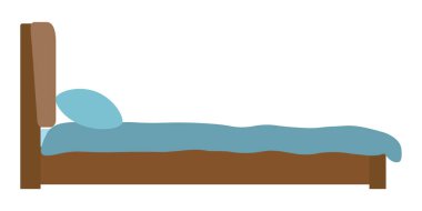 Yastıklı yatak ve yatak örtüsü, beyaz arka planda izole edilmiş, yan görüş. Yatak odası çizgi film mobilyaları, düz tasarım. Vektör illüstrasyonu.