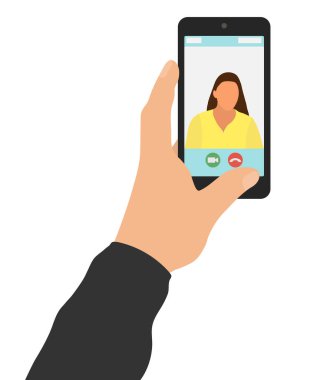 Kızla görüntülü konuşma, erkek eli akıllı telefonu tutuyor ve internette konuşuyor. Beyaz arka planda izole edilmiş. Vektör illüstrasyonu.