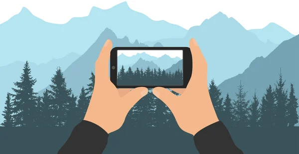 Mains Masculines Tenant Smartphone Prenant Une Photo Beau Paysage Forêt — Image vectorielle