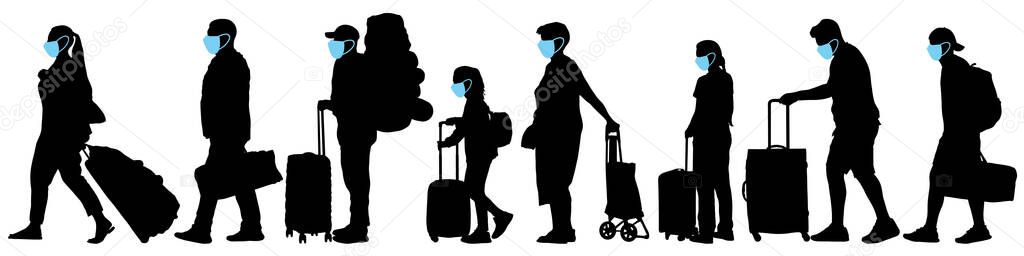 Masked tourists. Crowd of people with suitcases. Vector silhouette set