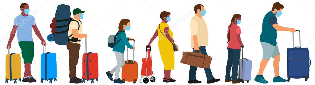 Masked tourists. Crowd of people with suitcases. Travel era of a pandemic COVID-19. Vector silhouette set