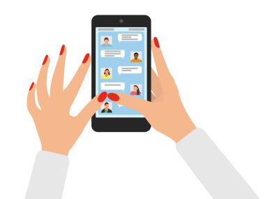 Kadın eli cep telefonunu tutar ve mesajlara cevap verir. Sanal iletişim, yazışmalar, online sohbet. Kırmızı ojeli manikürlü güzel kadın elleri. Vektör illüstrasyonu