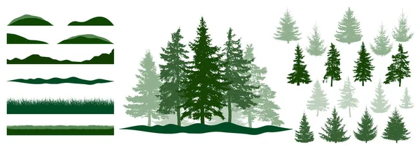 Skog Byggsats Silhuetter Vackra Granar Gräs Kulle Insamling Element För — Stock vektor